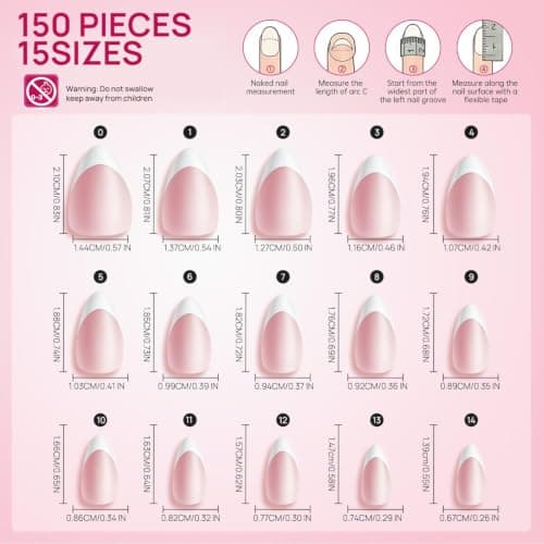Krofaue French Tip Short Almond Nail Tips–Pink Matte White Tip Full Cover Press On Nails, 15 Sizes Almond Fake Nails for Nail Salon & Home DIY - Thumbnail 6