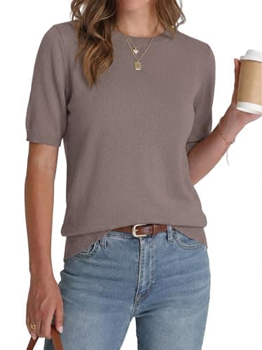 BTFBM Short Sleeve Sweater for Women Spring Tops Crew Neck Lightweight Pullover Loose Dressy Casual Blouse Basic Clothes(Apricot Khaki, Medium) - Image 1