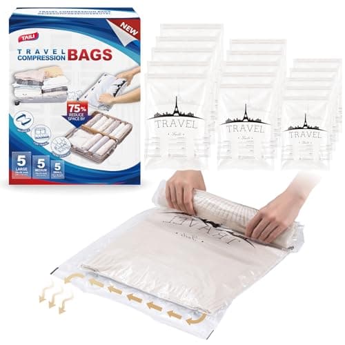TAILI 15 Travel Compression Bags, Roll Up Space Saver Bags (5 Small+5 Medium+5 Large), Hand Roll Packing Storage Bags for Luggage, Suitcase and Cruises, No Pump or Vacuum Needed, Clear - Image 1