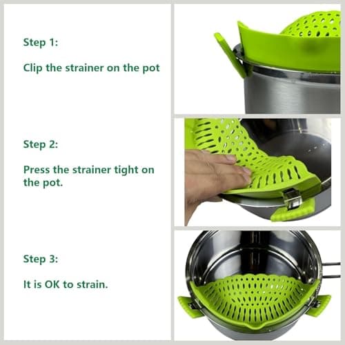Clip On Strainer Silicone for All Pots and Pans, Pasta Strainer Clip on Food Strainer for Meat Vegetables Fruit Silicone Kitchen Colander (Green) - Thumbnail 6
