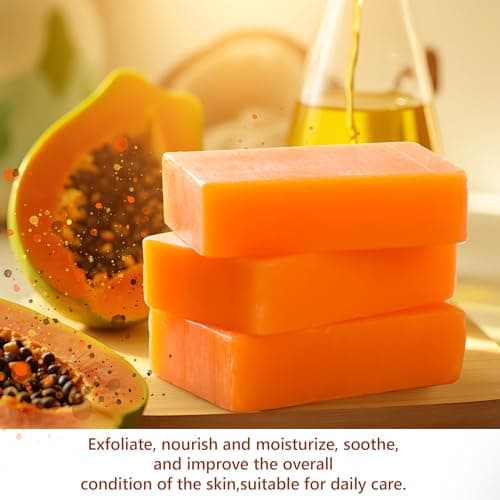 PALFICAB Papaya Soap for Face & Body, Natural Gentle Exfoliation Soap for All Types – Reduce Acne, Cleanse Scars & Blackhead – with Papaya, Coconut Oil & Shea Butter, Purple Foaming Net, 3 Bars - Thumbnail 2