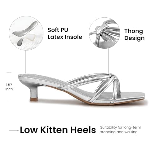 Athlefit Silver Heels for Women Square Toe Strappy Kitten Heel Thong Sandals Slip On Dress Flip Flop Low Heels for Prom Size 6.5 - Thumbnail 4