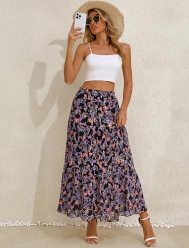 Arolina High Waisted Skirt Women 2026 Summer Trendy Elastic Flowy Long Maxi Skirts Tiered Ruffle A Line Pleated Floral Pattern - Thumbnail 4