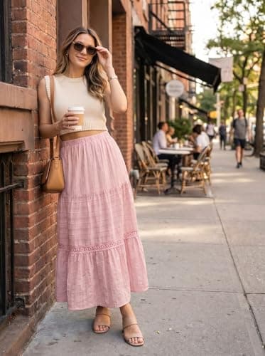 BLENCOT Women's Boho Tiered Maxi Skirt Cotton Gypsy Hippie Style Crochet Lace Long Skirts for Women Vacation and Beach Pink 2X-Large - Thumbnail 3