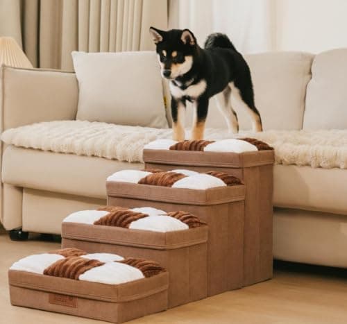 FUNNYFUZZY Dog Stairs for Small Dogs - 4 Steps Chessboard Plaid Handcrafted Dog Stairs with Storage - Multifunctional and Foldable, Brown - Thumbnail 2