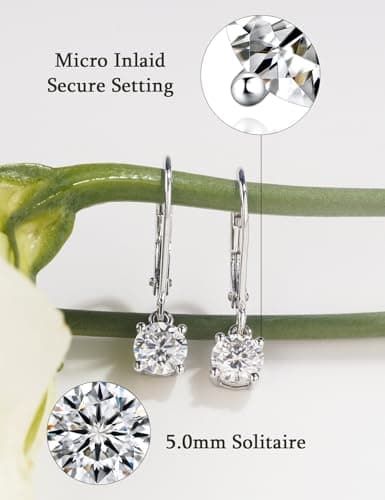 IMOLOVE Moissanite Leverback Drop Earrings for Women, Dangle Earrings 925 Sterling Silver with 18K White Gold Plated, Delicate Wedding Jewelry Gifts 1CT - Thumbnail 2