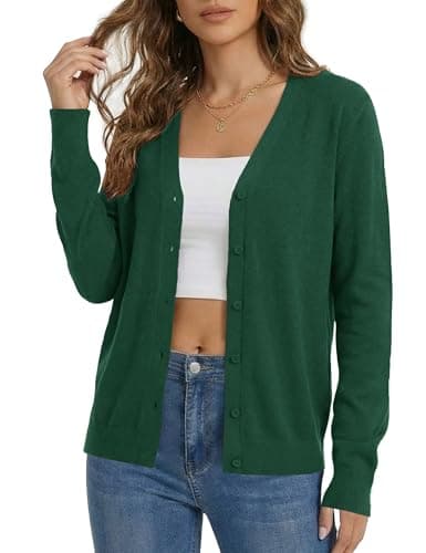 LaGracia Cardigan Sweaters for Women Long Sleeve V-Neck Wool Blend Lightweight Button Sweater Spring Tops Green L - Image 1