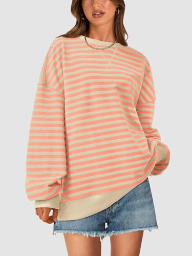 PRETTYGARDEN Womens Oversized Sweatshirt Casual Striped Color Block Long Sleeve Crewneck Pullover Tops Spring Y2k Clothes (Apricot Orange, Medium) - Thumbnail 3