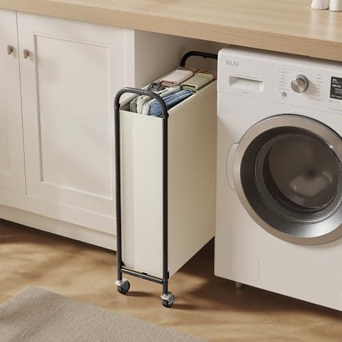 GRANNY SAYS 80L Slim Laundry Hamper with Wheels, Fabric Rolling Laundry Basket, Narrow Clothes Organizer, Tall Hamper for Closet, Laundry Room, Bathroom, Beige - Thumbnail 2