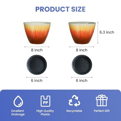 LESOASIS 8 inch Plant Pots Pack of 2, Plastic Flower Pots Flower Pots, Modern Glossy Finishing Planter for Indoor Outdoor Plants (Orange Glaze) - Thumbnail 2