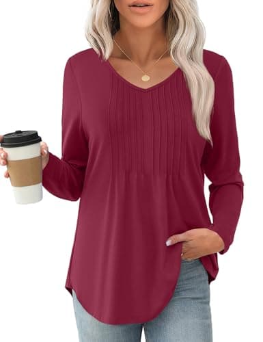 JUSTFASHIONNOW Shirts for Women Trendy Long Sleeve Tops V Neck Ladies Dressy Blouses Pleated Maternity Shirt Tunics Early Fall Fashion (Wine Red, Medium) - Thumbnail 4