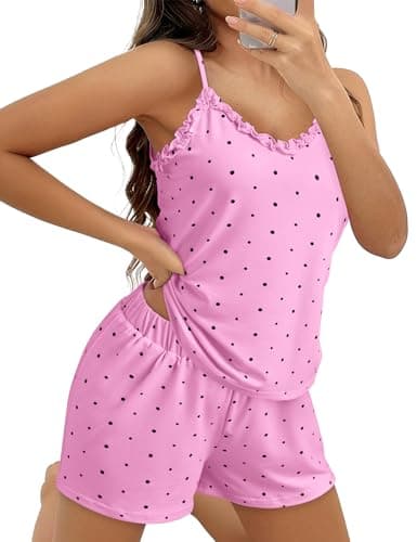 JUSTFASHIONNOW Womens Pajama Sets Shorts Cute Tank Top Shorts Set Ruffle Polka Dots Pj 2 Piece Summer V Neck Pajama Soft Lingerie Sleepwear (Pink,Large) - Thumbnail 4
