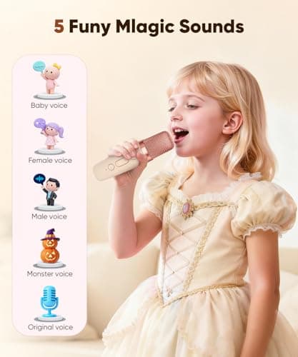 Mini Karaoke Machine Toy for Kids, Portable Karaoke Machine with 2 Wireless Microphone for 4,5,6,7,8,9,10,11,12+ Years Old Christmas Birthday Gifts Girls Boys (Beige) - Thumbnail 2