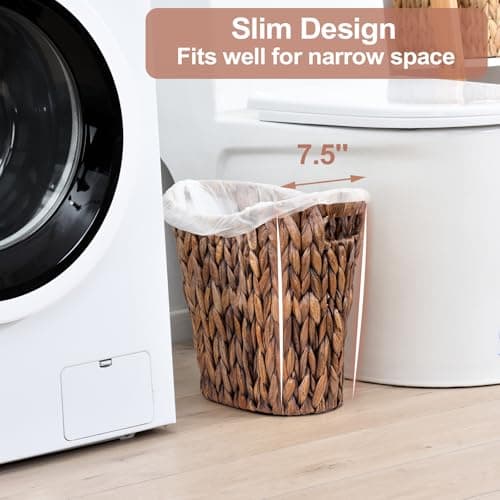 FairyHaus Wicker Waste Basket with Handle, Hand-Woven Water Hyacinth Trash Can for Bathroom Bedroom, Brown Wicker Storage 13 x 7.5 x12.2 - Thumbnail 3
