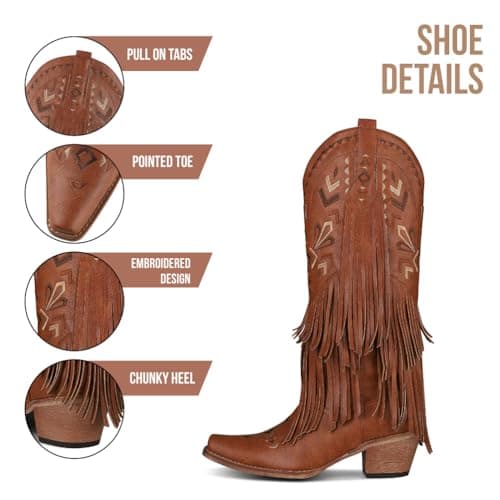 SaraIris Women's Cowgirl Boots Knee High Fringe Boots Tassel Western Boots Classic Embroidered Boots Chunky Heel Pointed Toe Pull On Cowboy Boots for Women - Thumbnail 6
