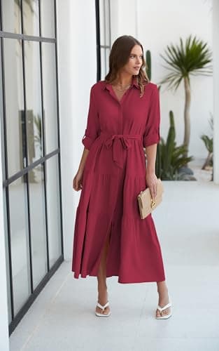 ECOWISH Women's Maxi Shirt Dress - 2026 Long Sleeve Button Casual Fall A-line Work Tiered Dresses with Belt and Pockets Wine Red X-Large - Thumbnail 2