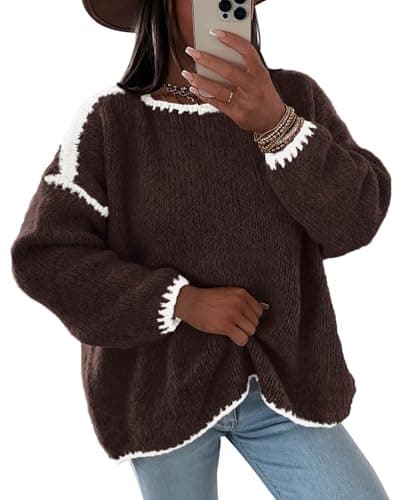 KIRUNDO Womens Sweaters 2026 Fall Oversized Long Sleeve Chunky Knit Crew Neck Contrast Stitching Pullover Winter Clothes(Brown, X-Large) - Image 1