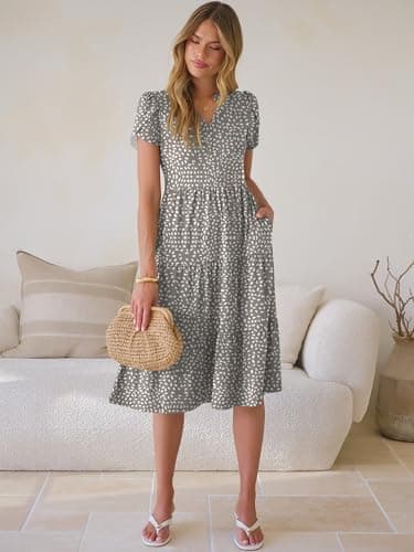ANRABESS Womens Summer Causal Dresses V Neck Short Sleeve Midi Dress 2026 Flowy Tiered Boho Beach Sundress Vacation Outfits Khaki Polka Dot S - Thumbnail 6