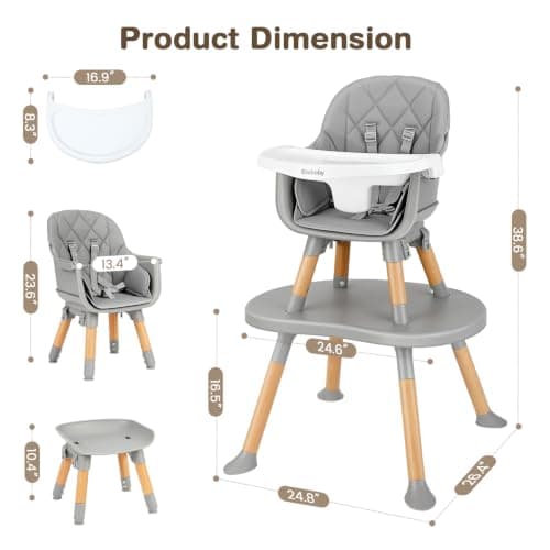 Ezebaby 8-in-1 Baby High Chair, Convertible High Chair for Babies and Toddlers/Booster Seat/Toddler Chair/Table & Chair Set/Kids Stool, Wood Highchair with Removable Tray, Seatbelt, PU Cushion (Gray) - Thumbnail 6