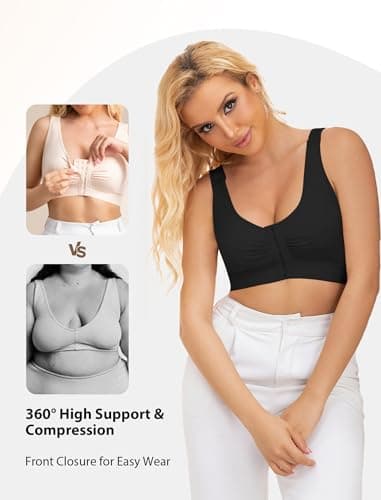 Easybunny Post Surgery Bra Front Closure Compression Bras Wireless Mastectomy Bra with Adjustable Straps Black 3XL - Thumbnail 6
