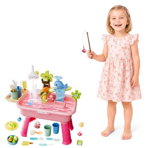 MeXYZ 2026 Upgraded Water Table for Toddlers 1-3, Kids Mini Play Sink Toys with Running Water & Electric Pump, Kitchen Sink Sensory Toy, Fishing Game Outdoor Water Play Table for Kids Ages 4-8, Pink