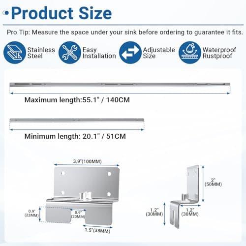 Fuairmee Sink Support | Undermount Kitchen Sink Brackets | 20.1-55.1 inches(51-140CM) Heavy Duty Adjustable Stainless Steel Pole - Undermount Sinks Kit for Kitchen, Bathroom, 2 Packs - Thumbnail 4