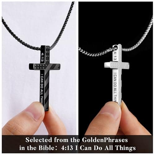 M MOOHAM Cross Necklace for Men - Silver Black Stainless Steel Bible Verse Cross Chain Pendant Necklaces for Men American Flag Religious Christian First Communion Jewelry Gifts 22 Inches - Thumbnail 2