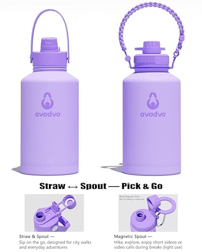avodvo 64 oz Water Bottle with 2 Lids (2-in-1 Straw & Spout Lid, Magnetic Lid), Insulated Water Bottle with Strap, Stainless Steel Water Bottle for Hiking, Gym, Travel, BPA-Free, Purple - Thumbnail 3