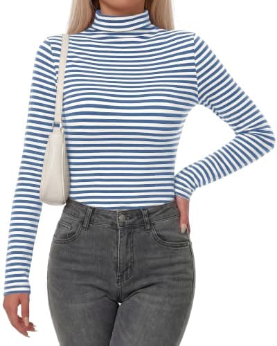 BTFBM Long Sleeve Shirts for Women Turtleneck Striped Shirt Lightweight Basic Thermal Underwear Tops 2026 Fall Fashion(Light Blue White, Small) - Thumbnail 6