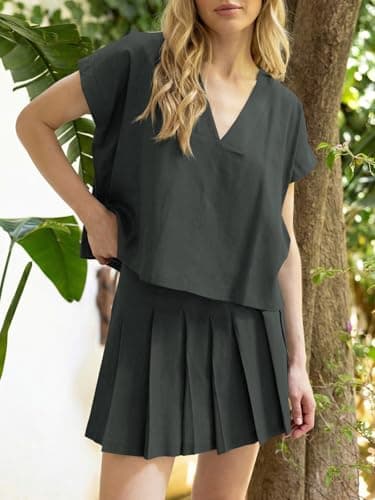 Wenrine Womens 2 Piece Outfits Casual V Neck Crop Tops Pleated Skort Skirts Sets Loose Summer Matching Lounge Sets - Thumbnail 3