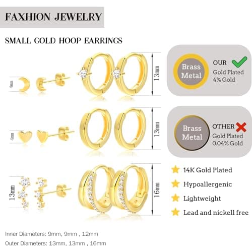 Small Gold Hoop Earrings for Women Dainty Gold Earrings| 14K Gold Plated Hypoallergenic Stud earrings Set| Cartilage Earrings for Multiple Piercing for Women (01-Gold-Moon) - Thumbnail 5