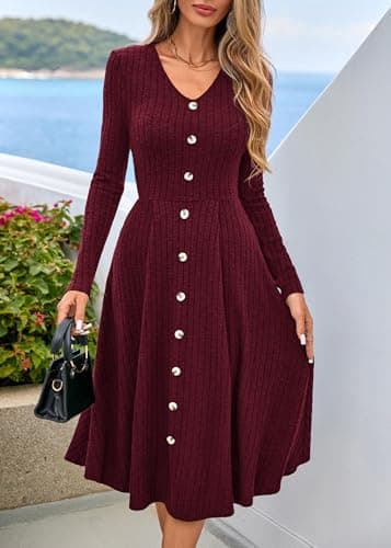 Lazysmile Long Sleeve Fall Winter Dresses for Women V Neck Button Down A Line Swing Casual Knit Sweater Dress Wine Red - Thumbnail 3