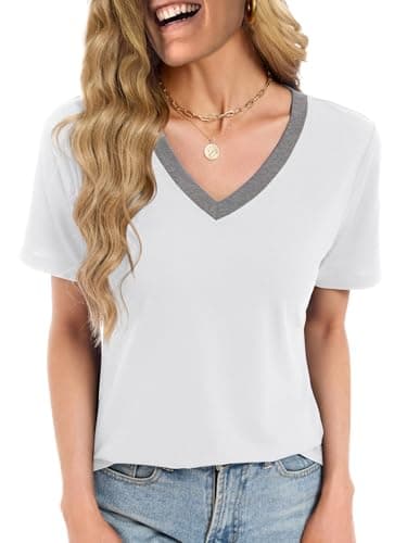Women Tops Casual Summer T Shirts Short Sleeve V Neck for Ladies Beach Party Clothes Vacation Dressy Tunic Clothes, White/Grey XXL