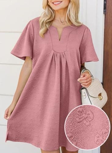 BLENCOT Womens Summer Chic Loose Dress Split V Neck Flutter Short Sleeve Embossed Textured Casual Swing Mini Dress Dusty Pink XL - Thumbnail 6