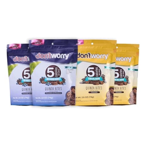 Don't Worry Quinoa Organic Bites | Chocolate & Blueberry Flavor | Sugar Free Candy 5 Calories Per Piece | Keto, Gluten Free, Low Carb, Protein & Fiber Cookies | Healthy Snacks For Adults | 4 Pack - Image 1