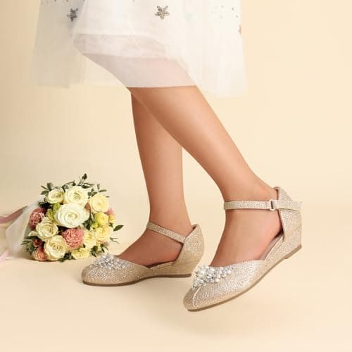 DREAM PAIRS Girls Dress Shoes, Glittering Low Wedge Heels with Pearls Rhinestones, Soft Cushioning, Hook-and-Loop Straps, Non-Slip Outsole, Party Formal Wear, Size 11 Little Kid,Gold-Glitter,SDFL2414K - Thumbnail 2