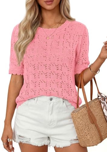 PRETTYGARDEN Women's Short Sleeve Sweater Lightweight Crochet Summer Spring Tops 2026 Trendy Casual Hollow Out Shirts Beach Vacation Clothes (Pink,M) - Image 1