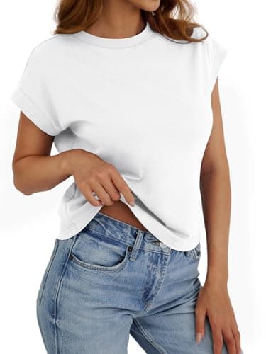 White Crop Tops for Women Crop Tops Cap Sleeve T Shirt Cotton Crewneck T Shirts for Women Loose Fit 2026 - Thumbnail 3