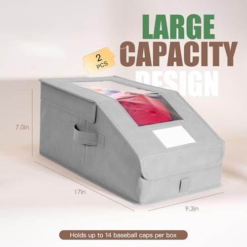 Stowsia Hat Organizer for Baseball Caps, 2 Pack Stackable Hat Storage Boxes with Clear Window, Holds up to 28 Caps, Foldable Hat Organizer for Closet & Shelf, Grey - Thumbnail 2