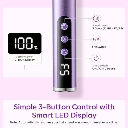 Makartt Pen-Shaped Rechargeable Nail Drill for Beginners: 25,000 RPM Cordless Electric Nail File with 5-Speed LED Display, Lightweight Quiet E File Kit for Gel Polish Removal, Home Travel Use(Purple) - Thumbnail 6