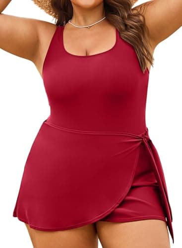Aleumdr One Piece Swimdress Swimsuit for Women Tummy Control Skirt Bathing Suit Slimming Swim Dress Warp Swimwear Burgundy 4X - Image 1
