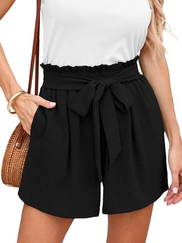 DEARCASE Women's Wide Leg Shorts with Pockets Black Large High Waisted Adjustable Lightweight Tie Knot Loose Fit Summer Lounge Cute Trousers - Image 1