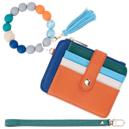 Airkit Wristlet Wallets for Women, Keychain RFID Blocking Credit Card Holder, Small Girly Wallet with Bracelet, Silicone Beaded Tassel Key Ring Card Holder, Rainbow - Image 1