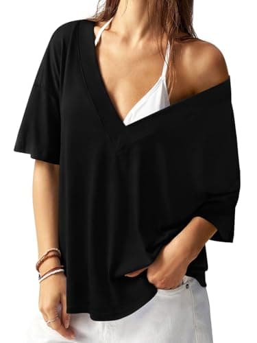 REORIA Women's Trendy Oversized V-Neck T Shirt Short Sleeve Off The Shoulder Contrast Stitching Loose Fit Tops for 2026 Spring Summer Black X-Large - Image 1