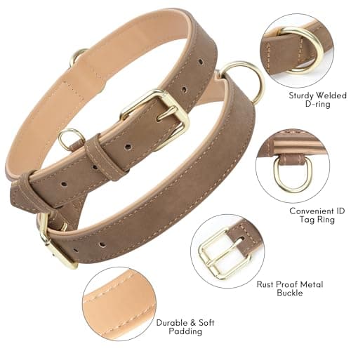 Jumpress Leather Dog Collar for Small Dogs, Soft Padded Dog Leather Collar with Heavy Duty Gold Buckle, Durable & Comfortable, Brown, S - Thumbnail 2