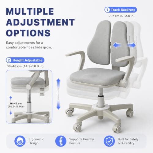 Ergonomic Kids Desk Chair with Adaptive Lumbar Support, Flip-Up Armrests & Adjustable Height — Breathable Study Chair for Ages 3-12, Ideal for Home Bedroom or Reading Nook - Thumbnail 2