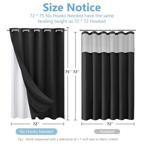 PILOTSHARK No Hook Waffle Weave Shower Curtain with Snap-in Fabric Liner,256GSM Heavy Duty Fabric Shower Curtain Set,Black Waterproof Washable Luxury Shower Curtain for Bathroom Stall (72x75 Inch) - Thumbnail 2