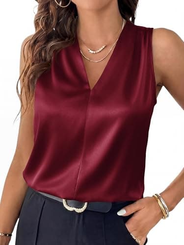 BTFBM Tank Tops for Women Summer 2026 Satin V Neck Pleated Sleeveless Silk Spring Work Blouse Business Casual Outfits(Burgundy, Large) - Image 1