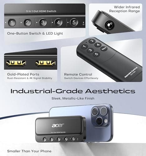 acer HDMI Switch 5 in 1 Out [4K@60Hz, HDMI 2.0, HDCP 2.3, HDR] Switcher with Remote, Supports DTS, Dolby, Work for PS5/Xbox/Switch/Roku/TV Stick/Projector - Thumbnail 4
