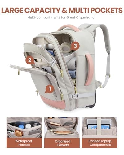 LOVEVOOK 50L Rolling Backpack with Wheels, 18 Inch Carry On Luggage for Women, Water Resistant Wheeled Travel Backpack, Flight Approved Underseat Trolley Bag for Business, Overnight Trips, College - Thumbnail 5